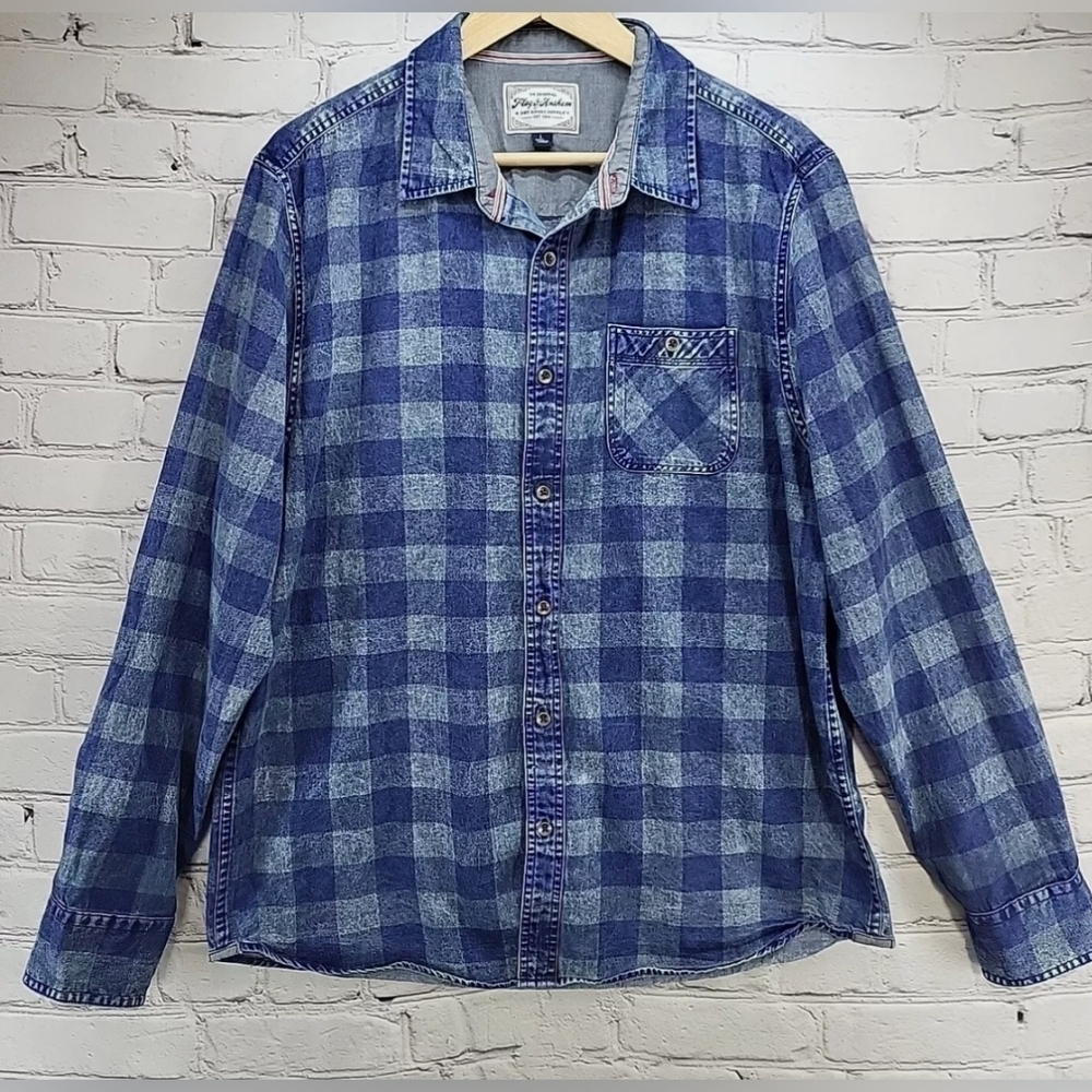 NWT Flag and Anthem Denim Shirt Mens sz Large Blue Plaid Button Up